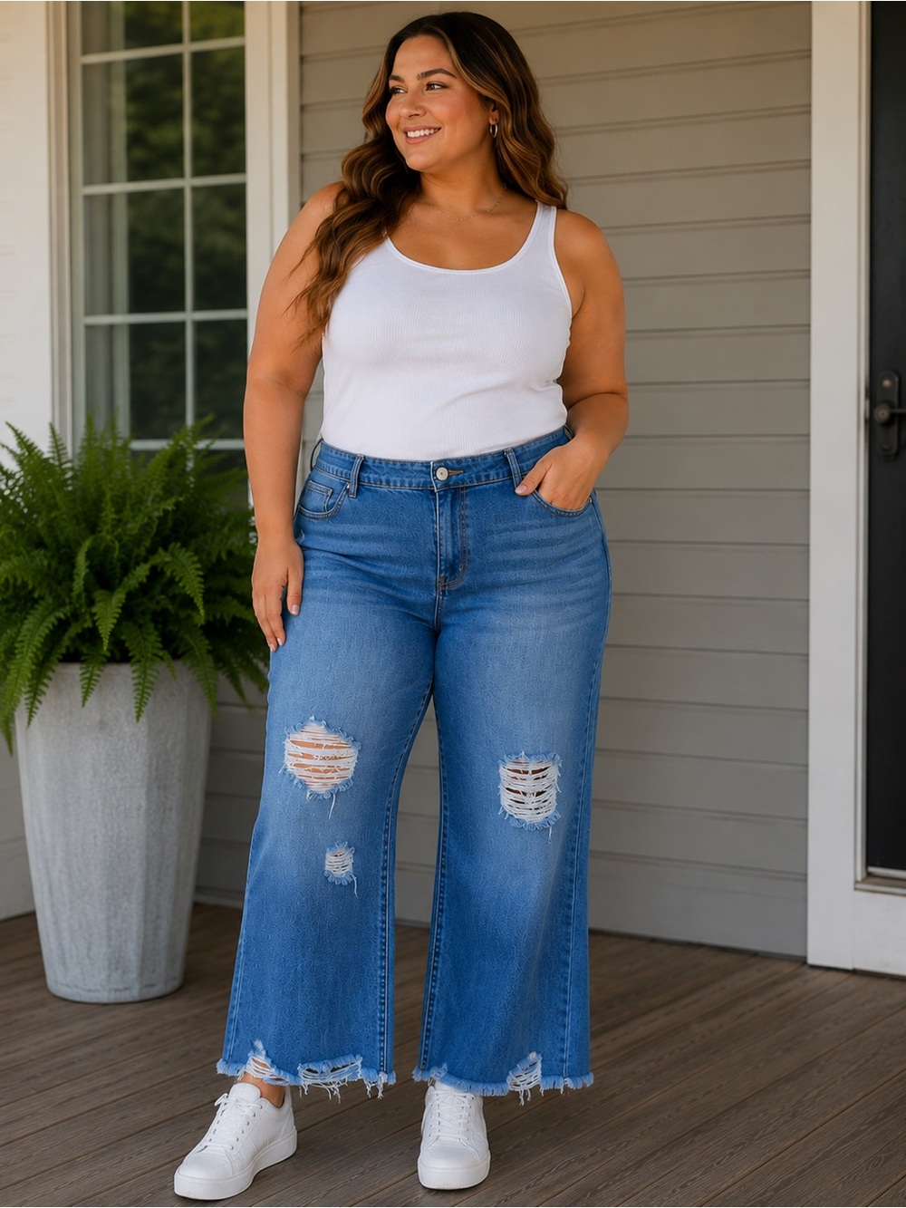 Distressed High Rise Wide Leg Cropped Jeans